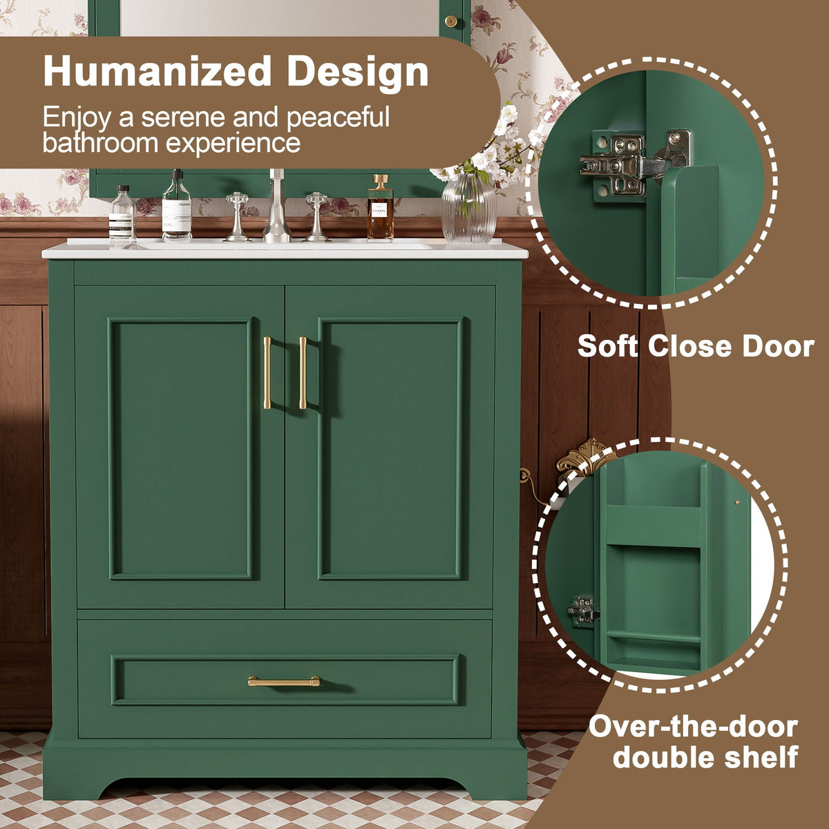 Bathroom Vanity with Sink and Soft Close Doors - White, Black, Green, or Gray