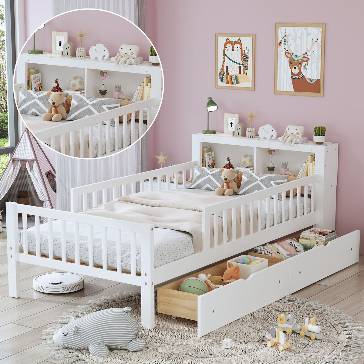 Twin Storage Bed with Headboard Rack & Under-Bed Drawers - Multiple Colors