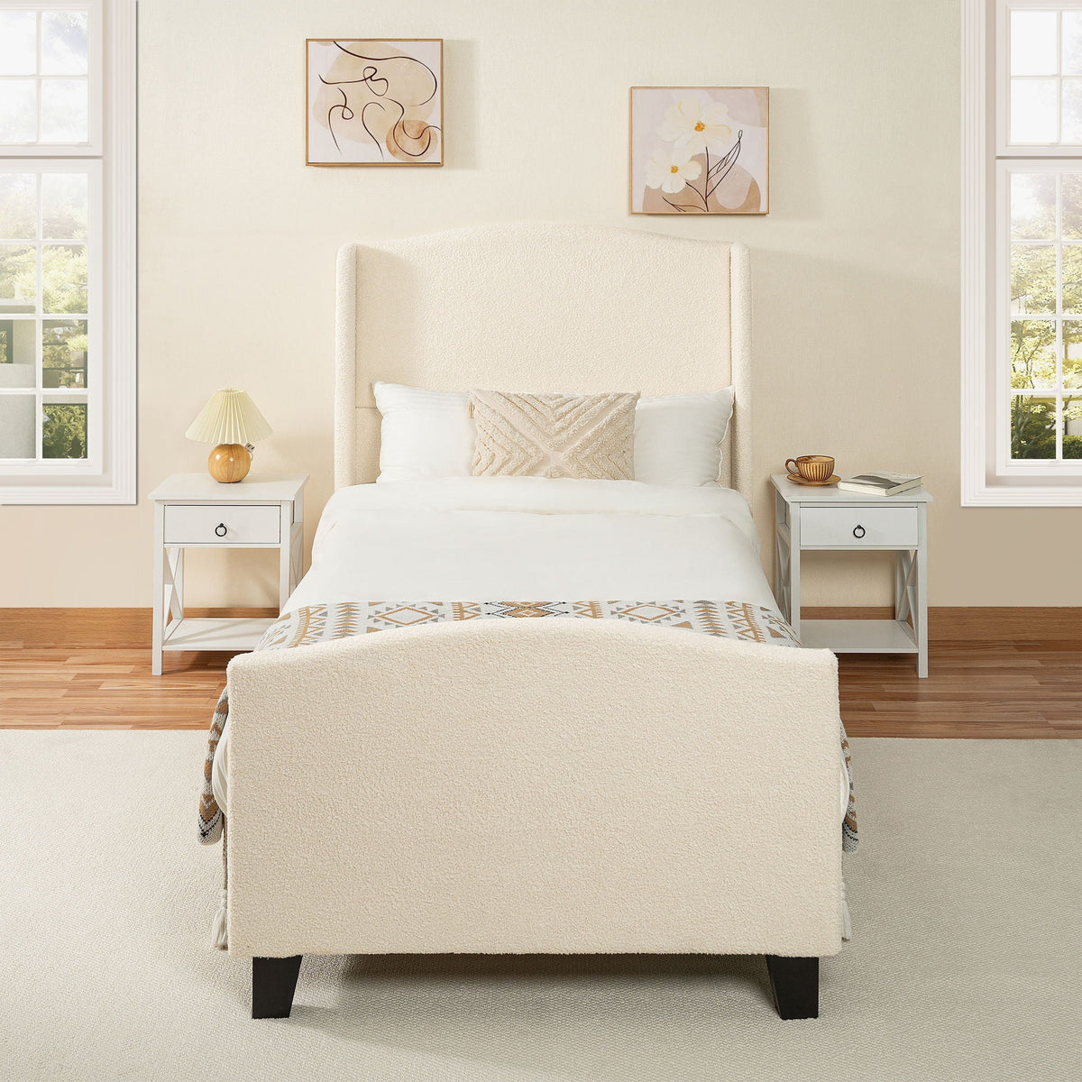 Platform Bed Frame with Tall Headboard and High Footboard - White or Gray
