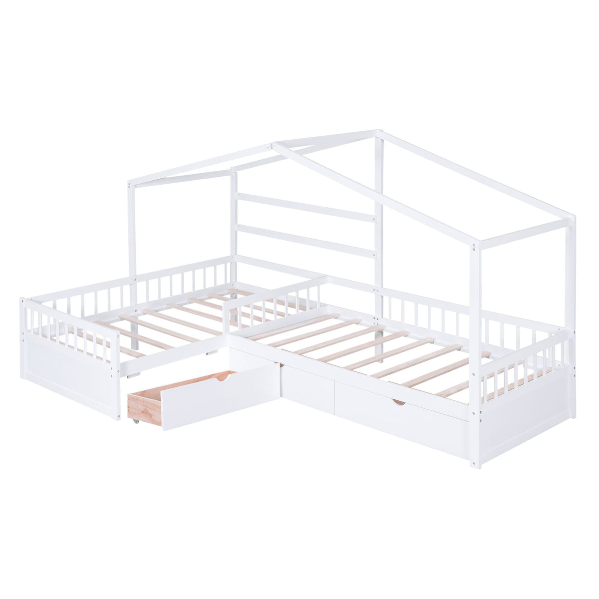 L Shape Twin Platform Bed with 3 Storage Drawers - Dark Gray or White