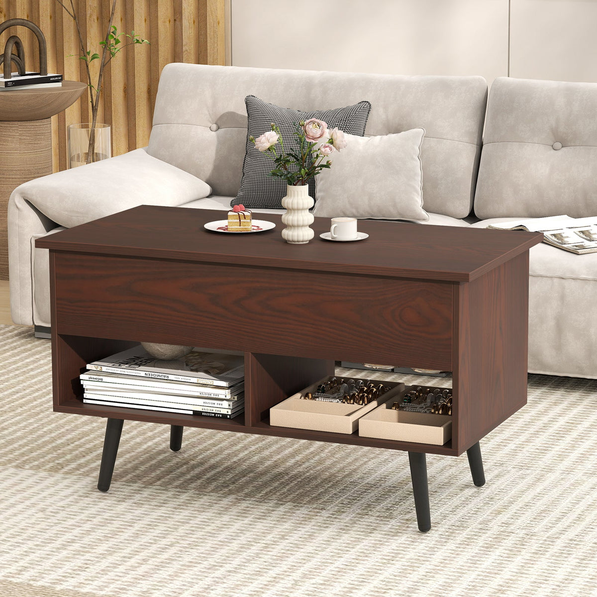 31.5 Inch Lift-Top Coffee Table with Hidden Storage and 2 Open Shelves