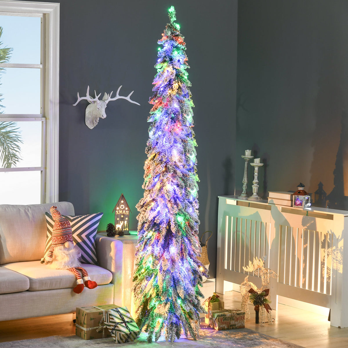 7ft Prelit Pencil Artificial Christmas Tree with 350 LED Lights - Snow Flocked