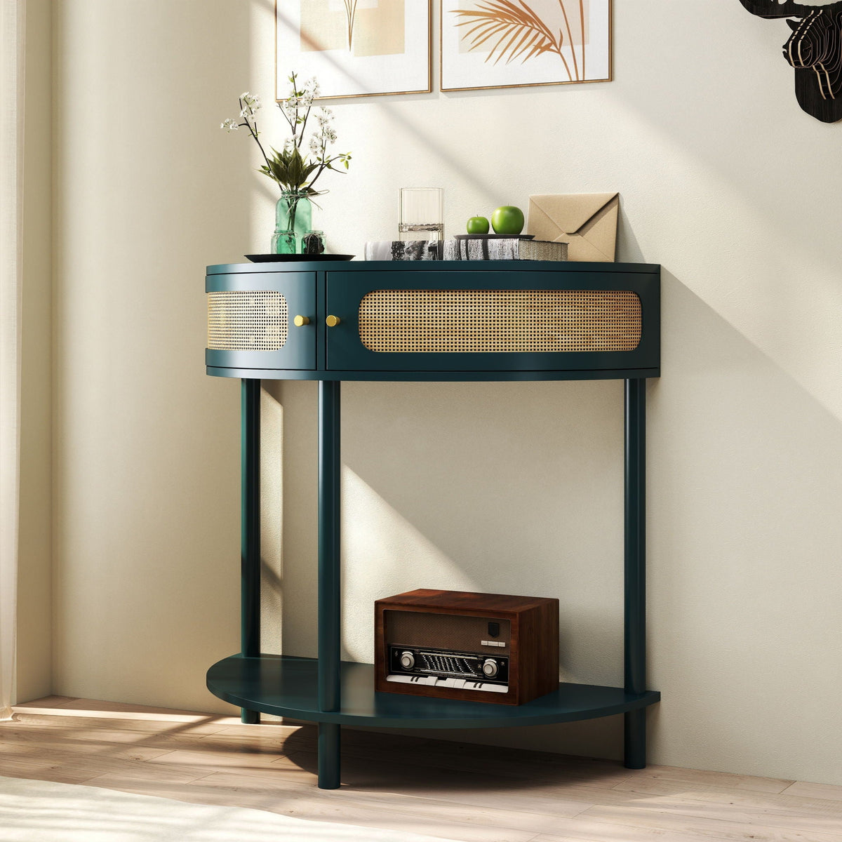 Boho Rattan Semi Circle End Table with Sliding Door and Storage - Black or Dark Green