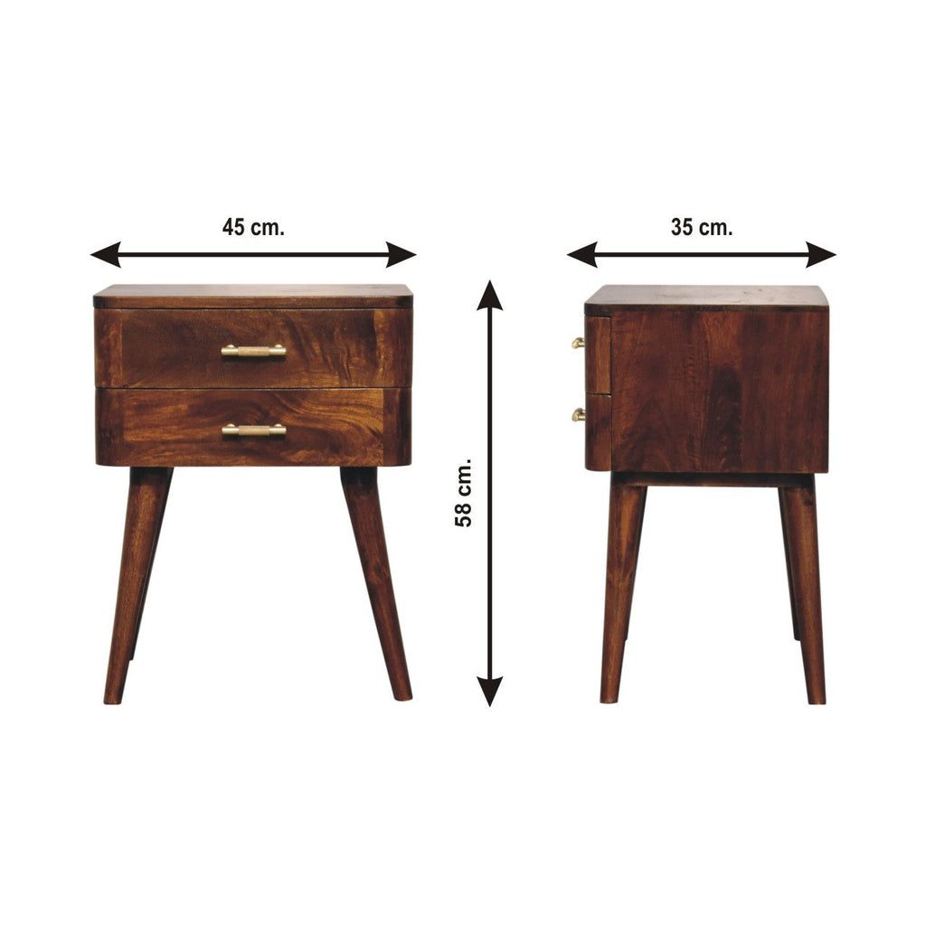 Solid Wood Nightstand with 2 Drawers and Nordic Legs - Chestnut