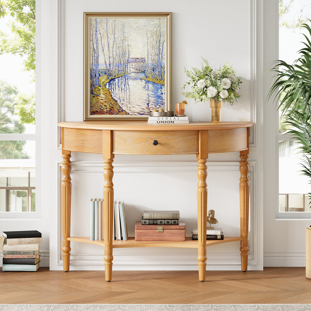 Farmhouse Half Moon Console Table with Drawer & Shelf - Rustic Finish
