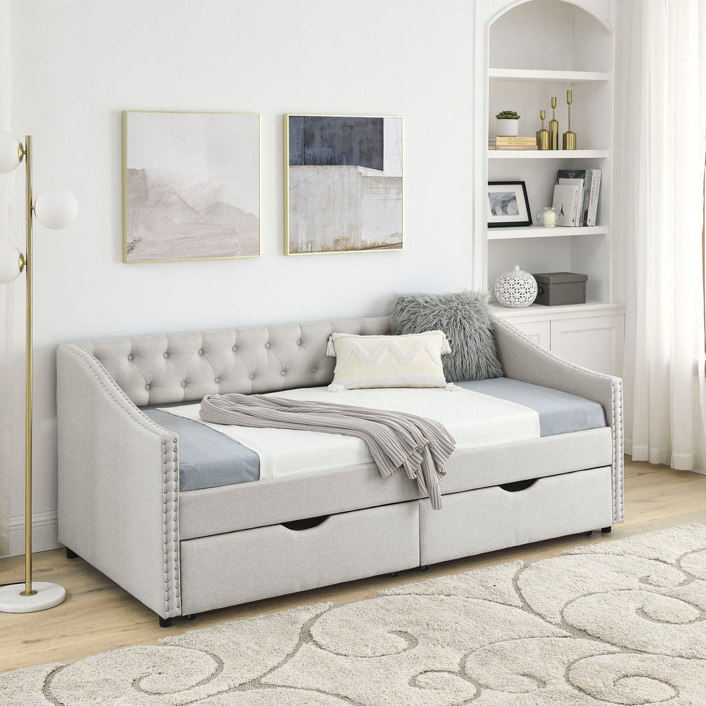Upholstered Tufted Daybed with 2 Drawers and Waved Arms - Multiple Colors