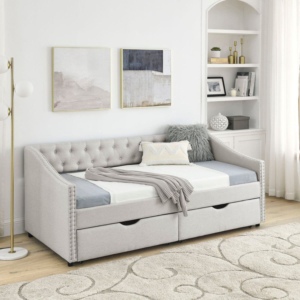 Upholstered Tufted Daybed with 2 Drawers and Waved Arms - Multiple Colors
