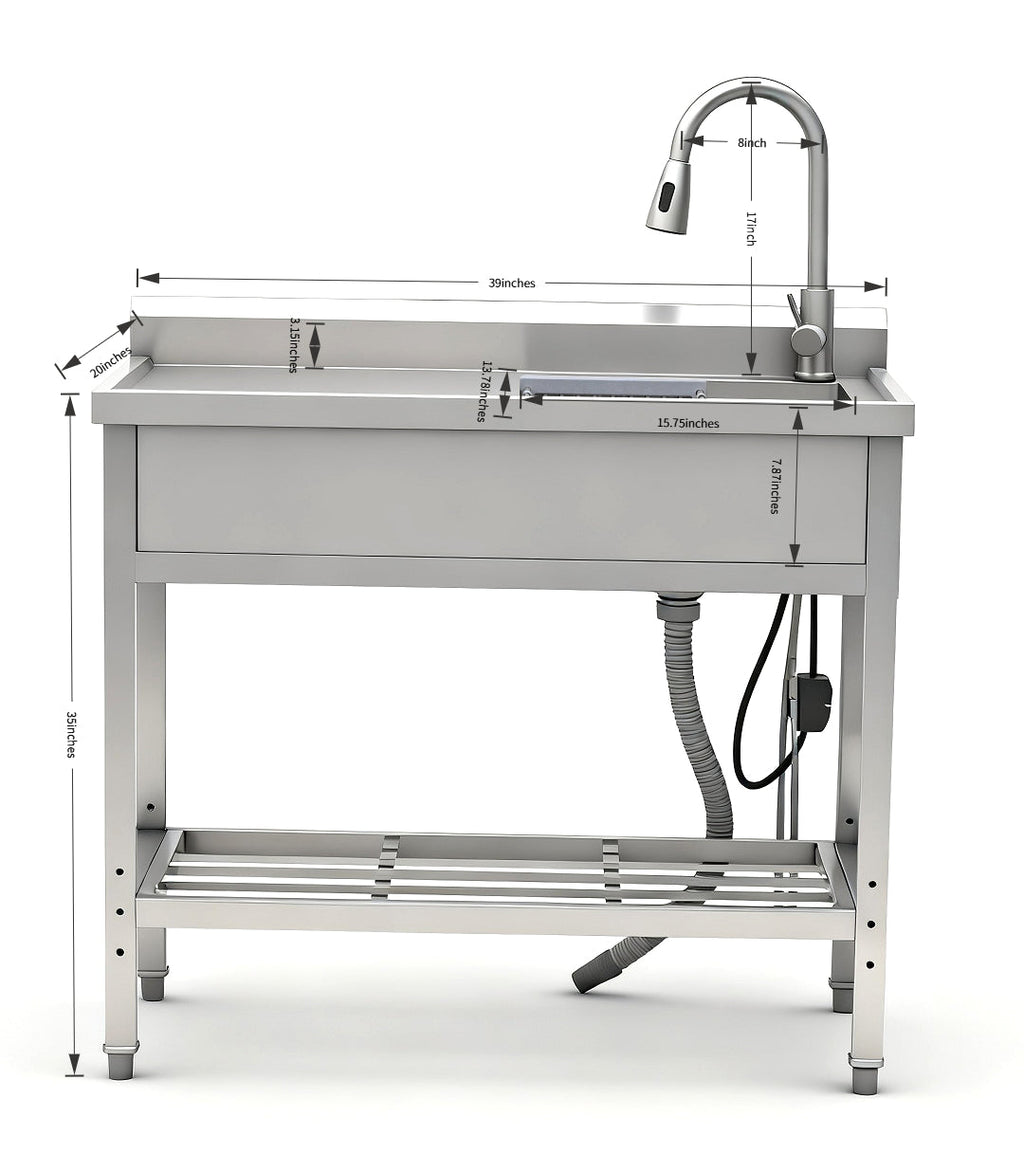 Stainless Steel Utility Sink with Large Compartment & Pull-Out Faucet - Silver