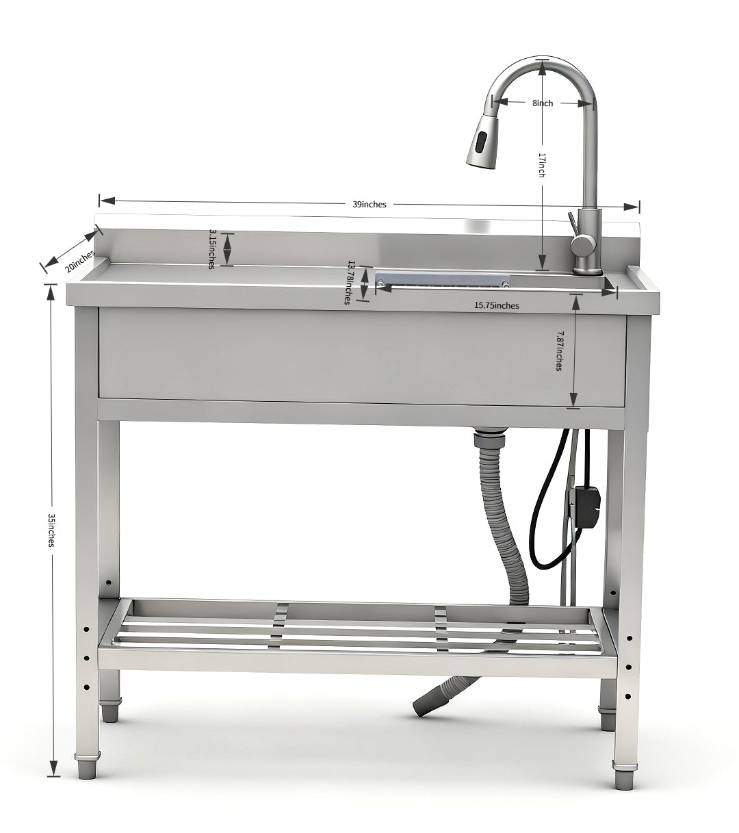 Stainless Steel Utility Sink with Large Compartment & Pull-Out Faucet - Silver
