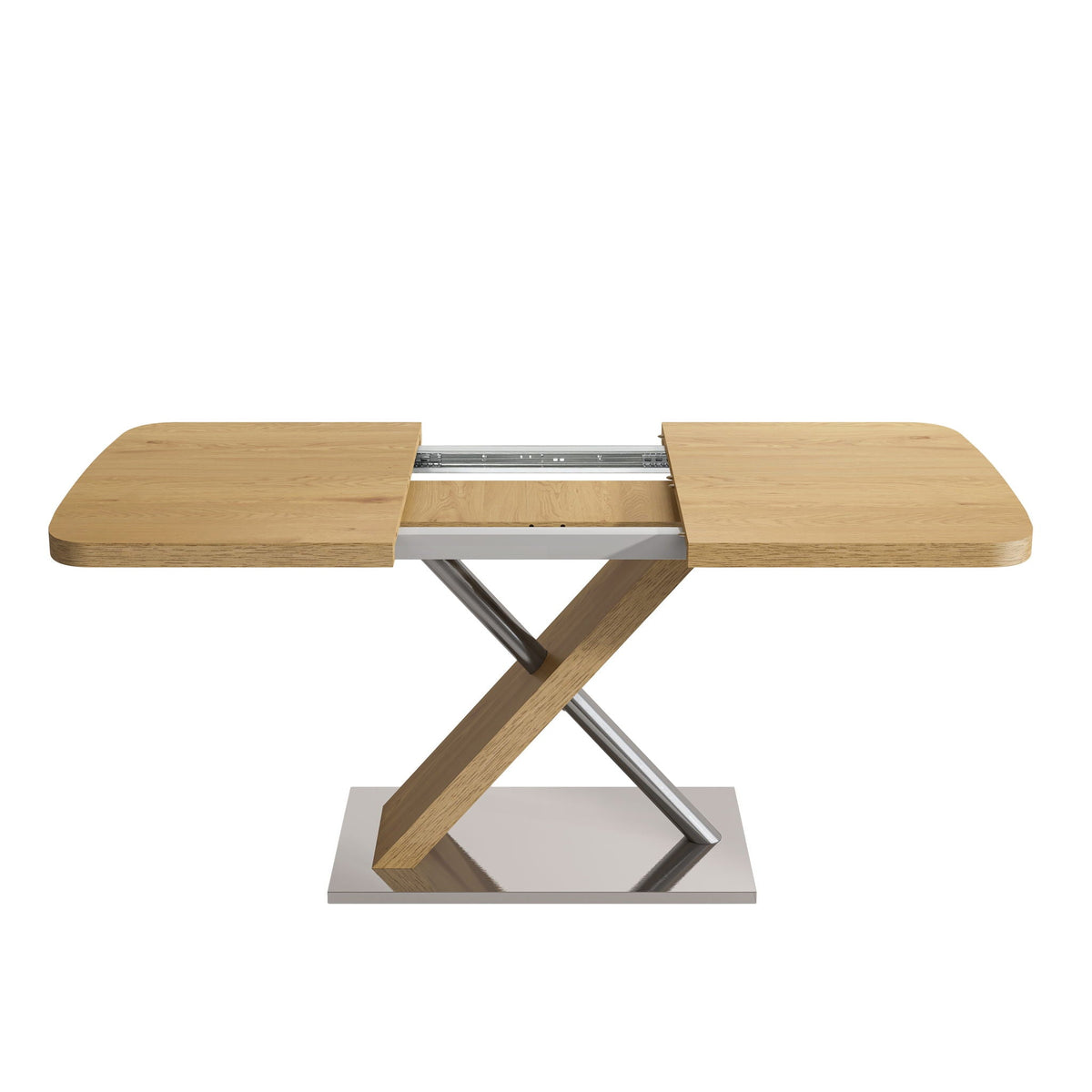 Retractable Square Dining Table with Stainless Steel Cross Base - Natural