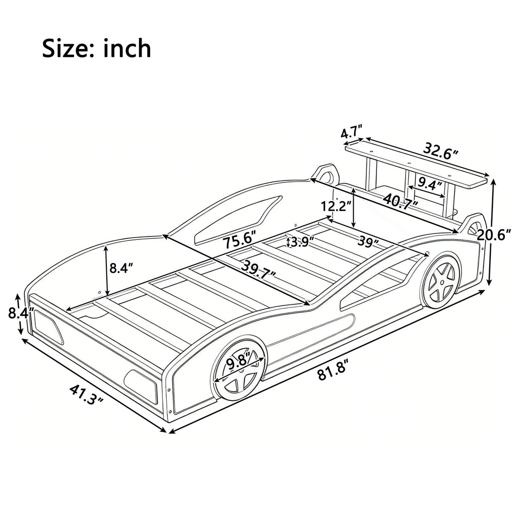 Race Car Platform Bed with Built-In Storage and Side Rails - Twin Size, Red or Blue