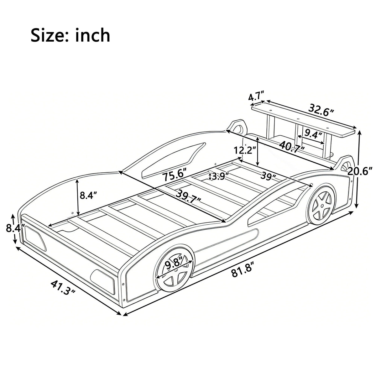 Race Car Platform Bed with Built-In Storage and Side Rails - Twin Size, Red or Blue