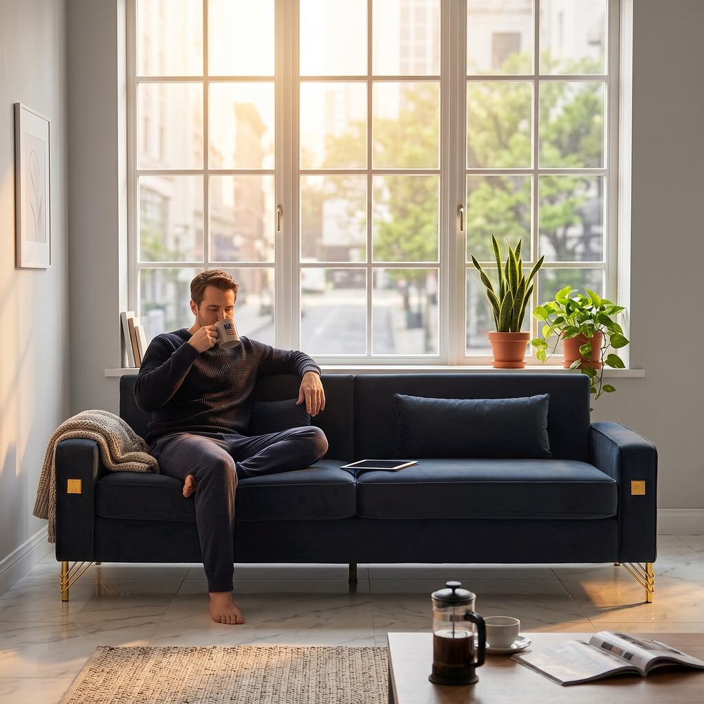 Luxury Velvet Sofa with Plush Cushions - Velvet
