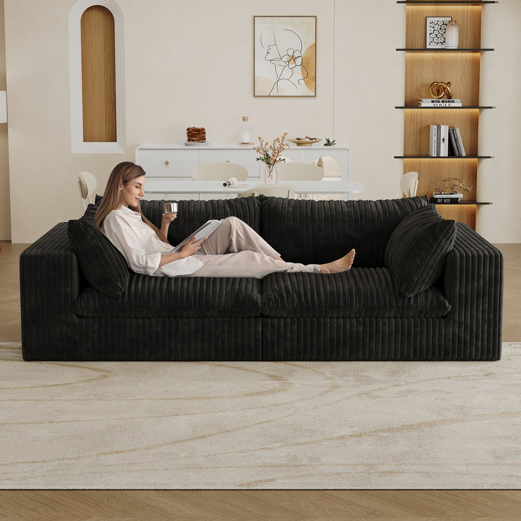 Modular Black Sofa with Feather-Filled Cushions - Black