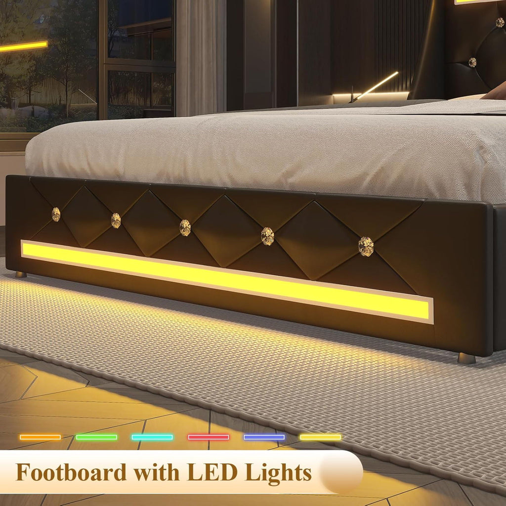 Wingback Upholstered Bed Frame with LED Lights and Charging Station - Black or White