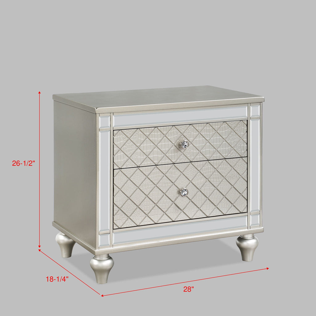 2 Drawer Nightstand with Diamond Patterned Fronts - Silver