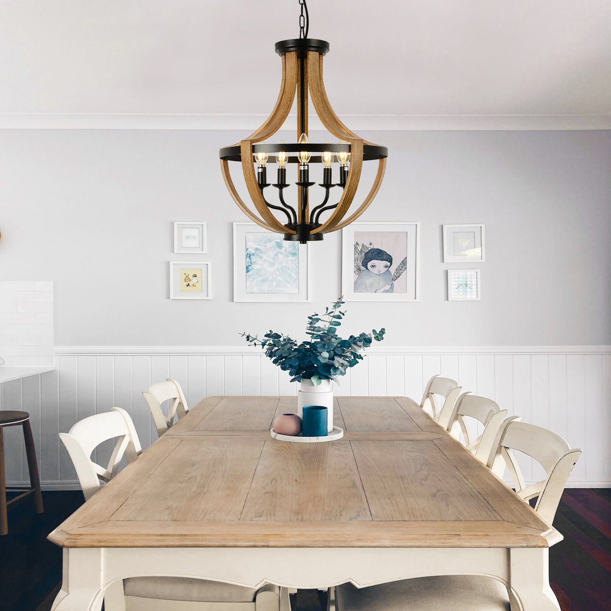 5-Light Modern Chandelier with Geometric Wooden Frame - Brown