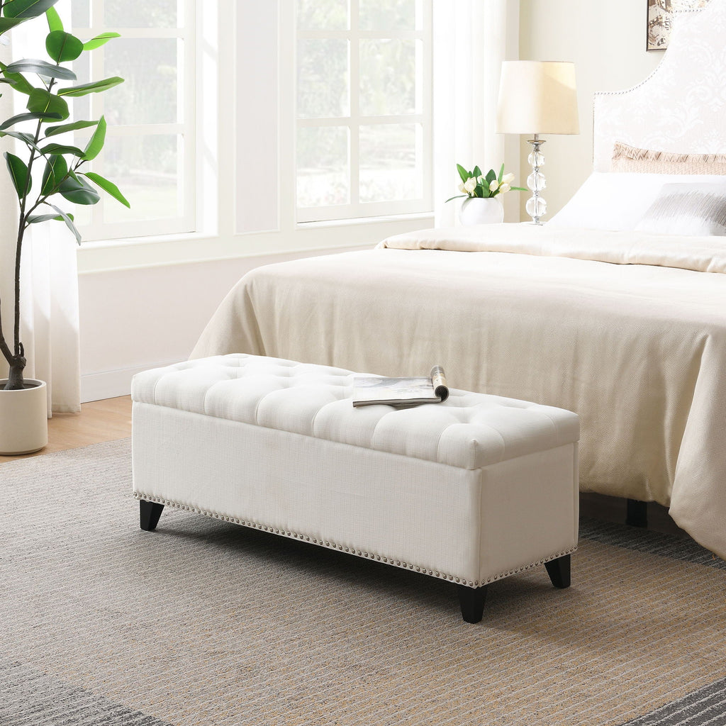 Button-Tufted Storage Ottoman with Safety Close Hinge - Beige or Dark Gray