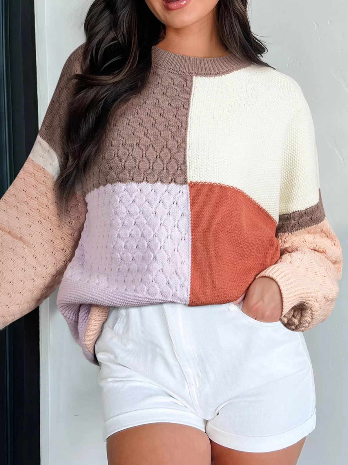 Color Block Textured Knit Sweater