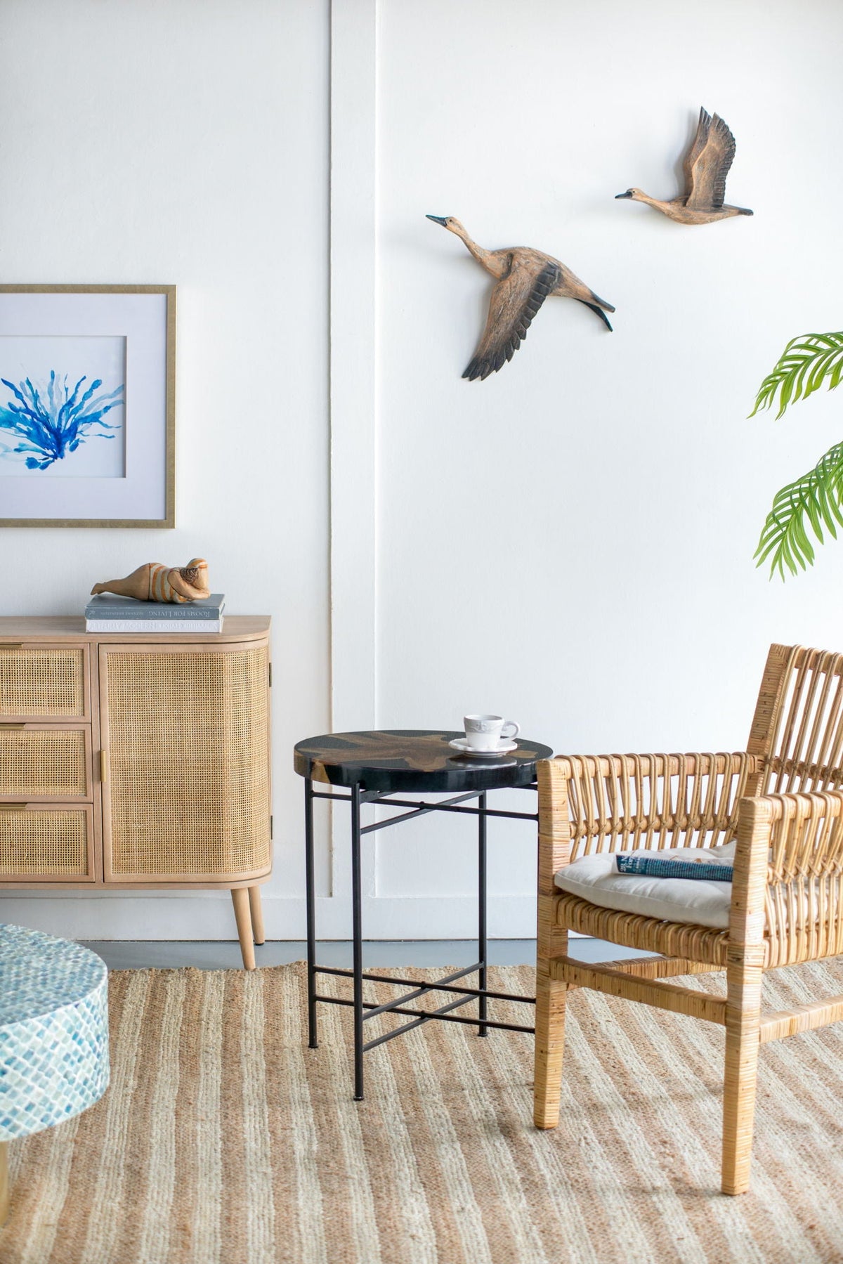 Black and Brown Side Table with Teak Root Wood and Iron Frame