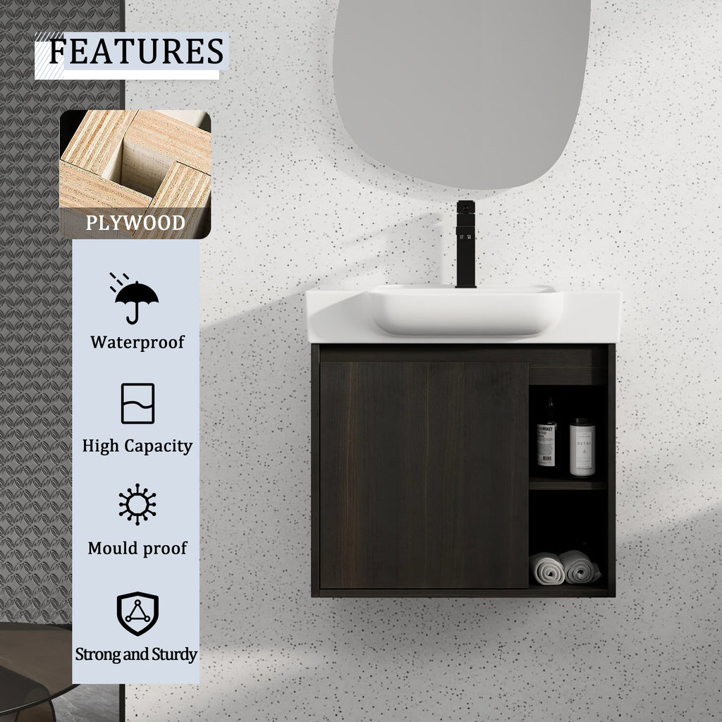 24" Wall-Mounted Bathroom Vanity with Ceramic Sink and Soft-Close Hinges
