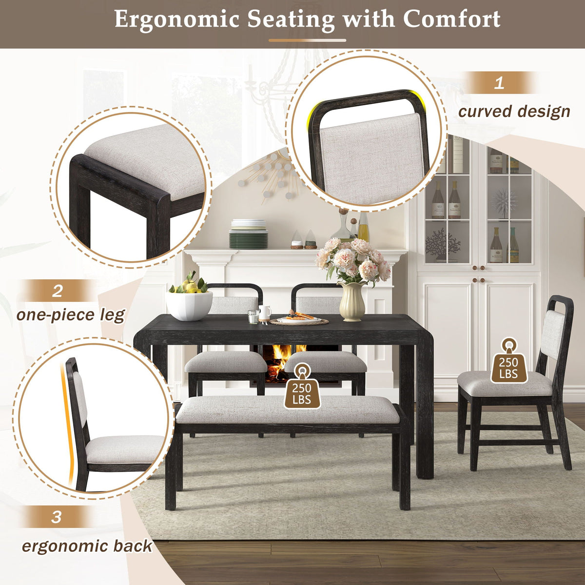 Extendable Dining Table Set with 4 Upholstered Chairs and 1 Bench