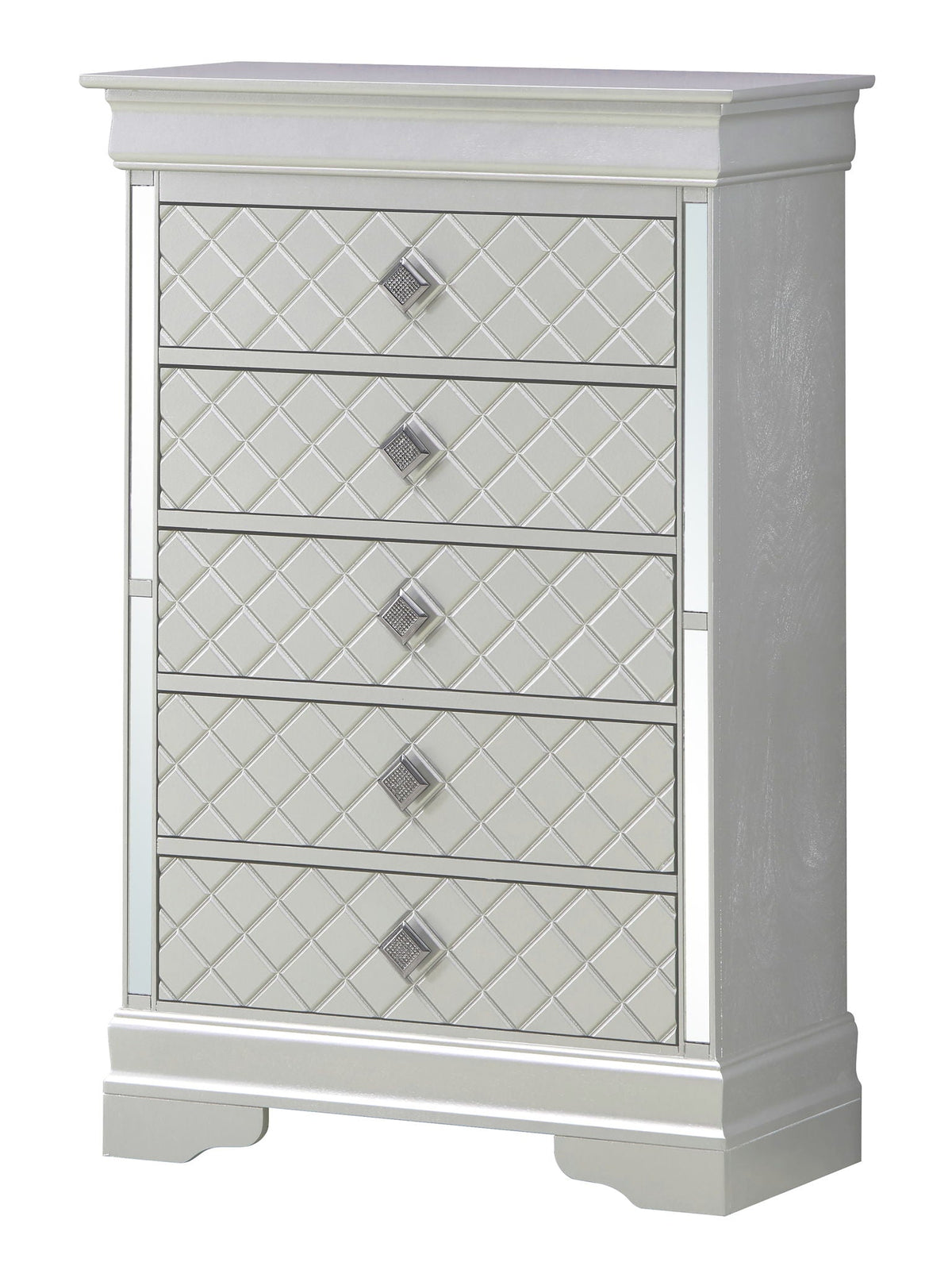 Embossed X Design Accent Chest with Crystal Pulls - Gray, Black, or Pearl Silver
