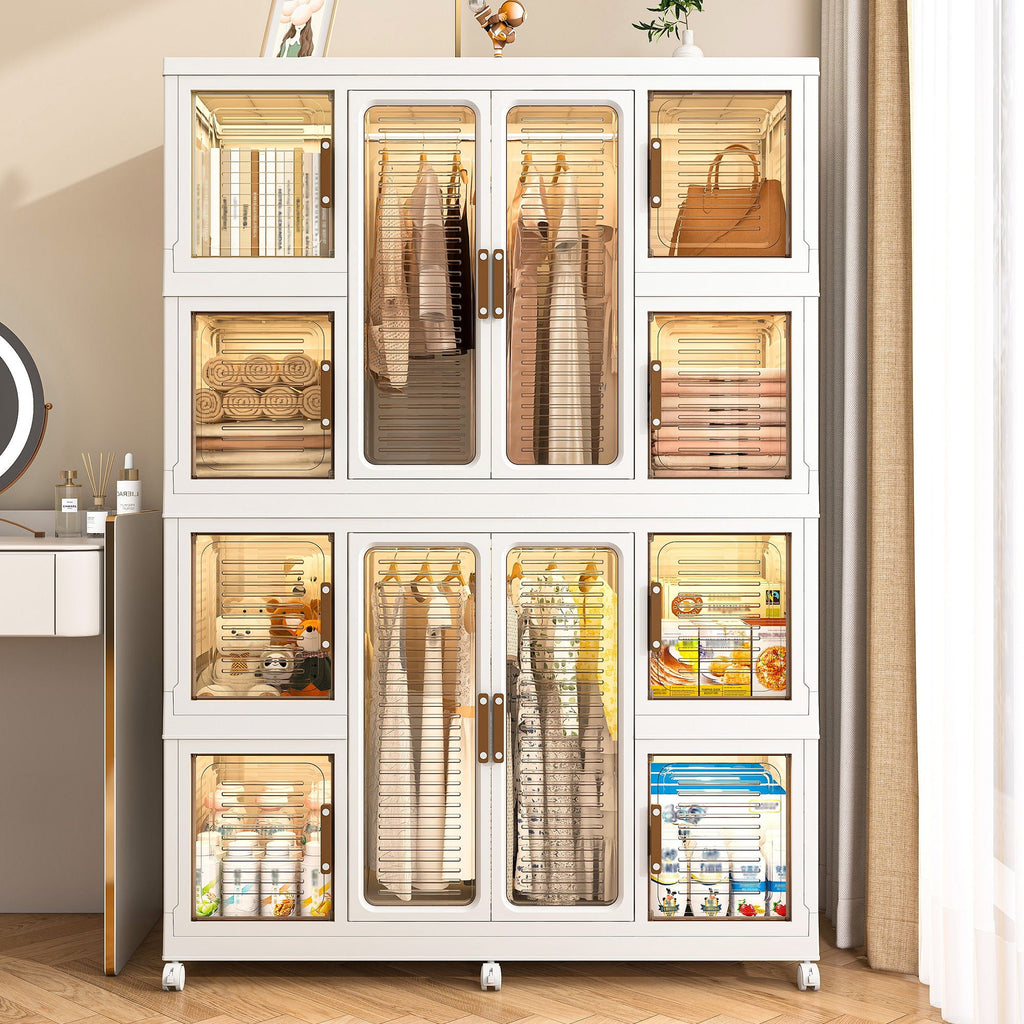 Portable Wardrobe Closet Storage Organizer with Magnetic Doors - White