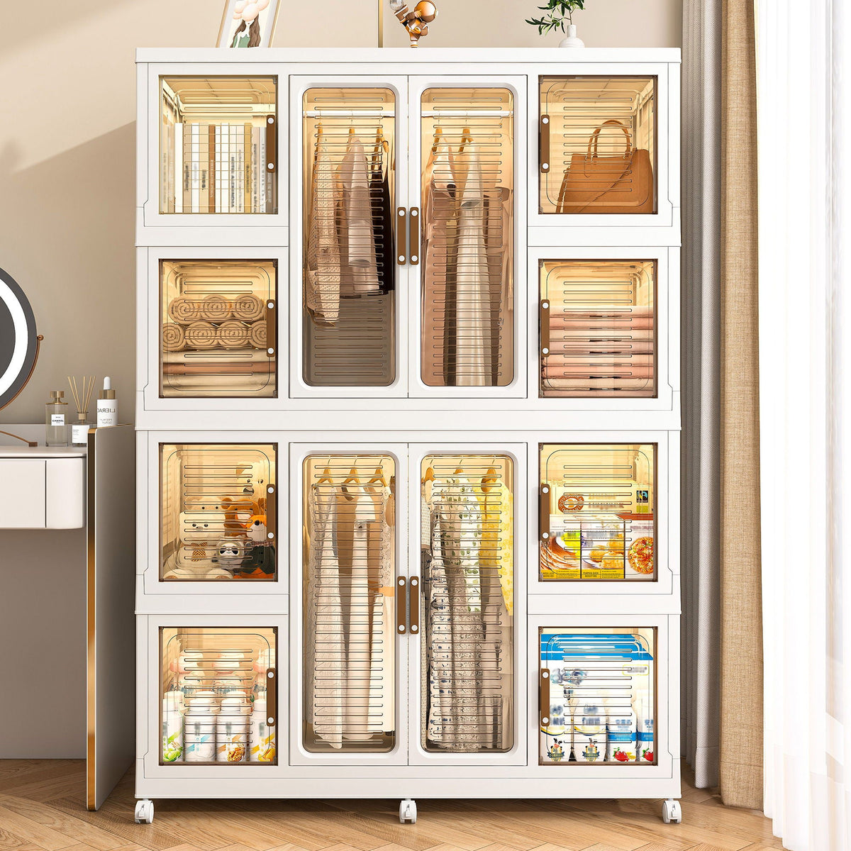 Portable Wardrobe Closet Storage Organizer with Magnetic Doors - White