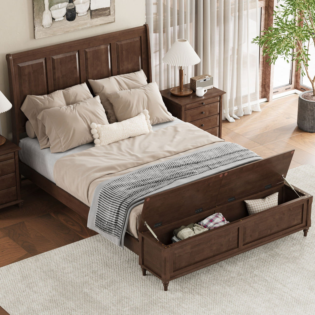 Sleigh Bed Frame with Tall Headboard and Storage Bench - Dark or Light Brown