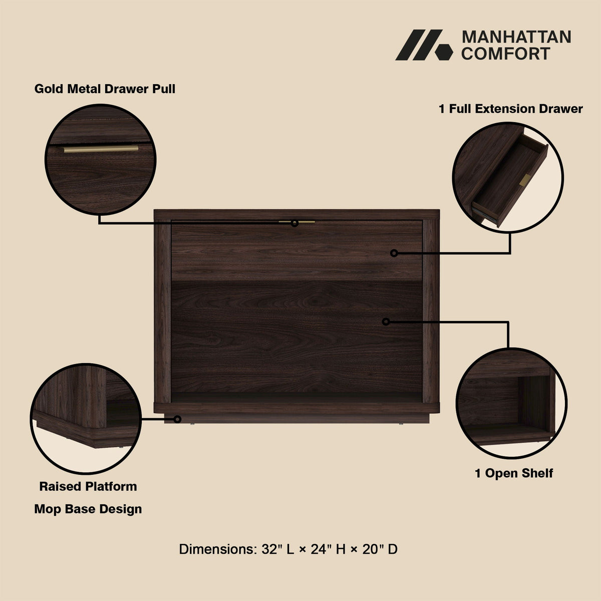 Evelyn Nightstand with 1 Drawer and Open Shelf - Dark Gray, Dark Brown, Light Brown