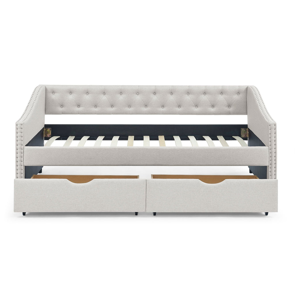 Upholstered Tufted Daybed with 2 Drawers and Waved Arms - Multiple Colors