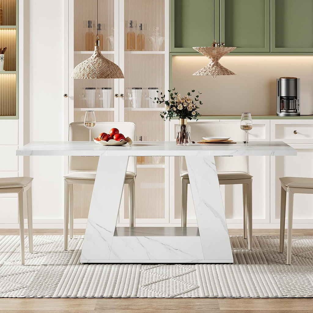 White Dining Table for 4–6 with Trapezoid Base - Faux Marble Finish