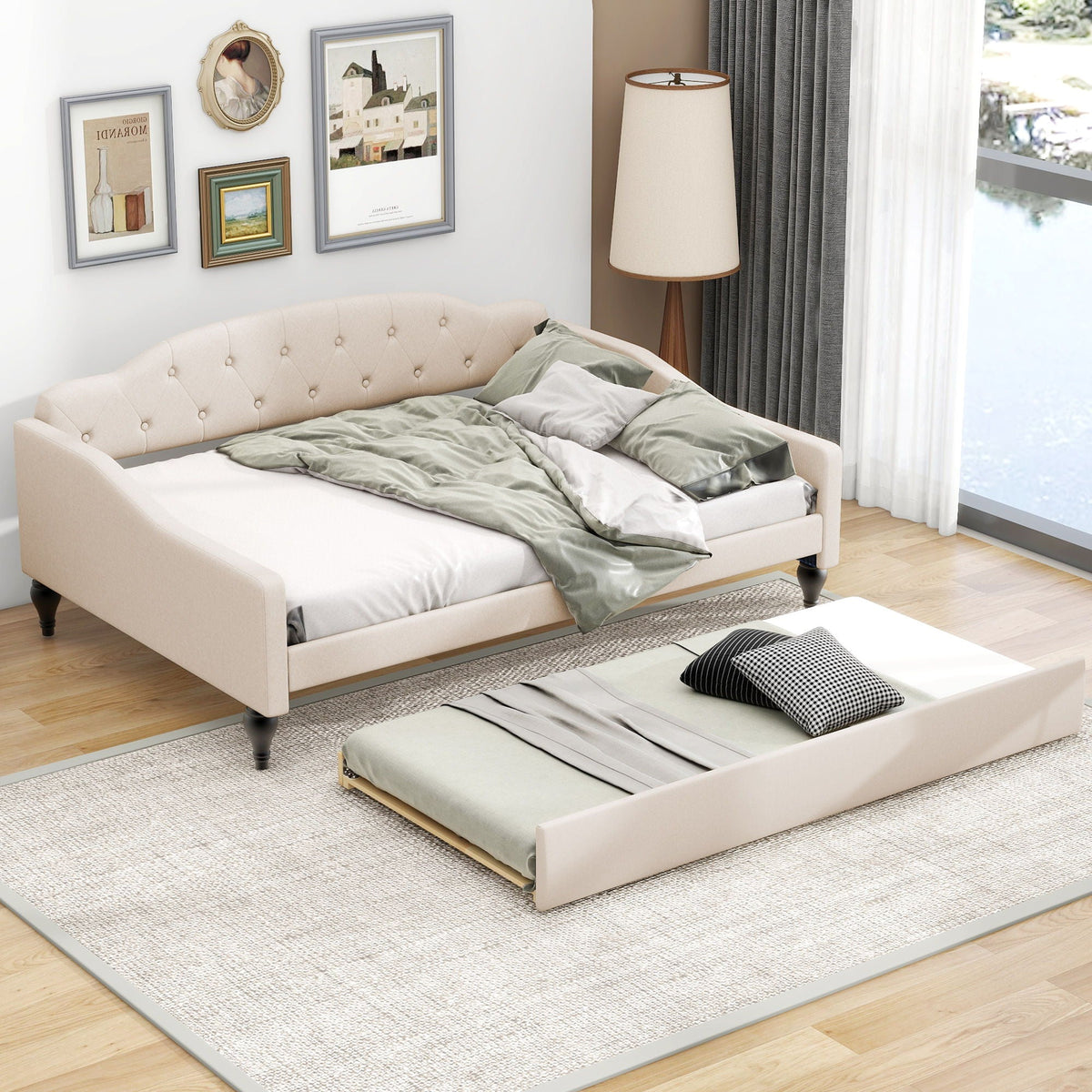Upholstered Tufted Daybed with Storage Options - Beige