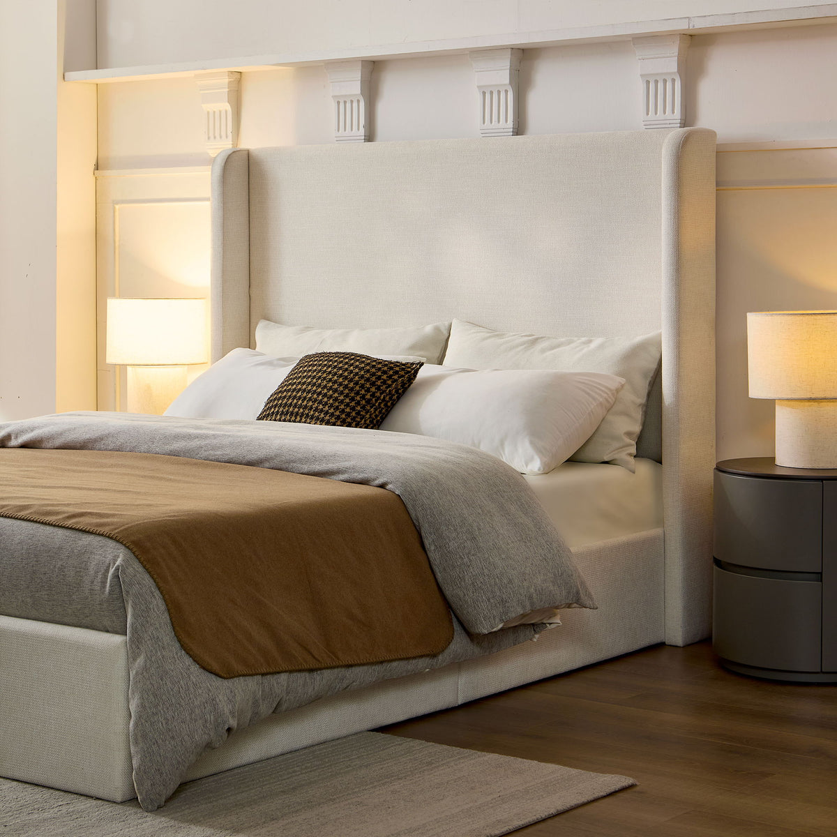 Minimalist Upholstered Wingback Bed Frame with High Headboard - Beige