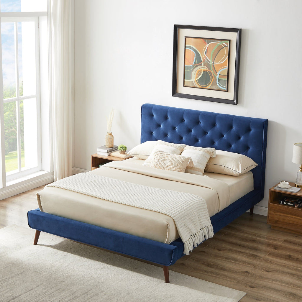 Mid-Century Platform Bed with Tufted Headboard - Blue