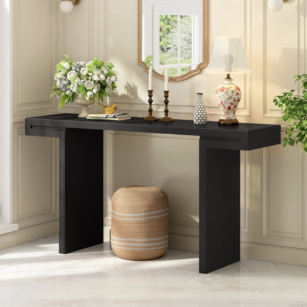 60-Inch Console Table with Geometric Design and Adjustable Feet - Black or Navy Blue