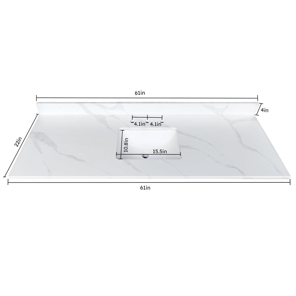 61-Inch Quartz Bathroom Vanity Top with Undermount Sink - Carrara Finish