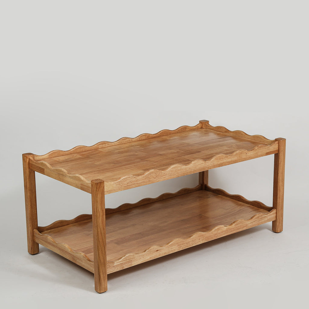 Modern 2 Tier Coffee Table with Open Shelf - Solid Rubberwood