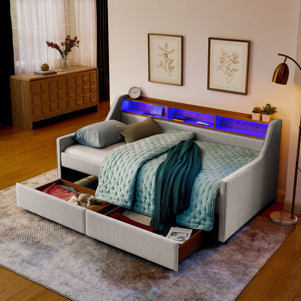Twin Upholstered Sofa Bed with LED Lights and Storage Drawers - Beige