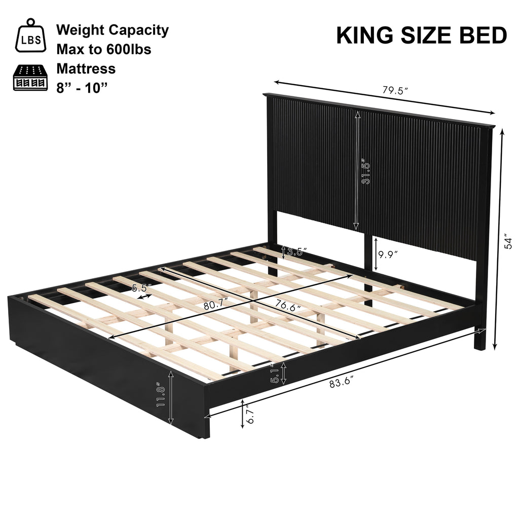 King Size Bed Frame with Vertical Slat Headboard - Black or White