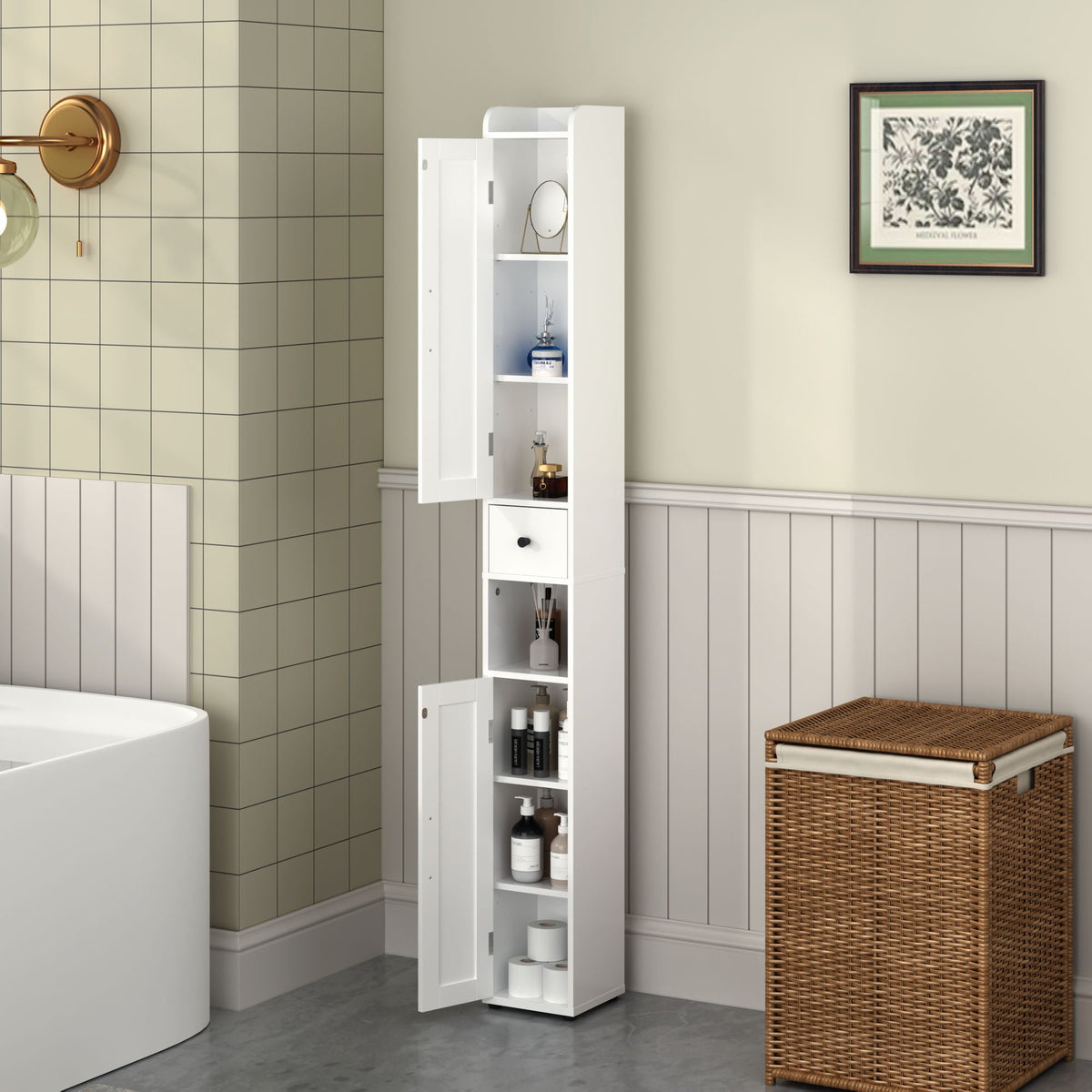 Slim Tall Bathroom Storage Cabinet with Adjustable Shelves - White