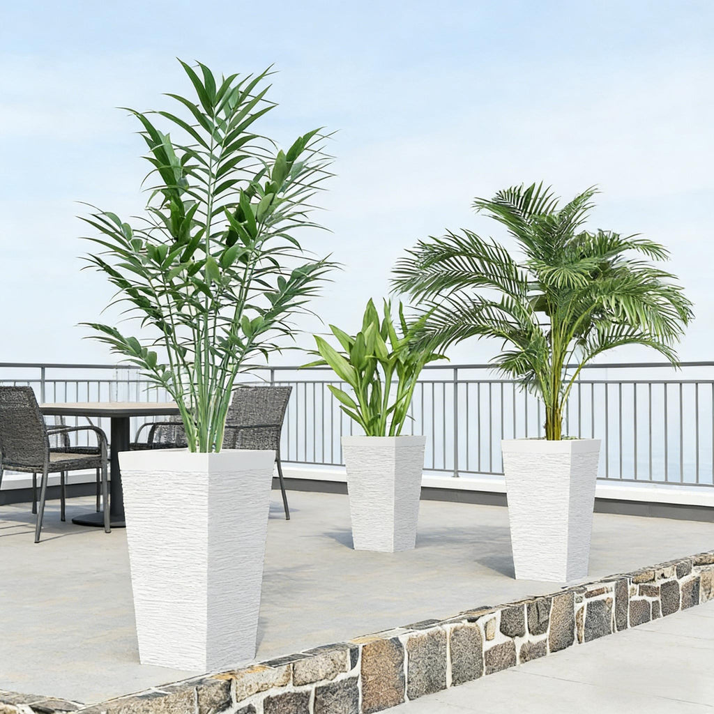 Stackable Tapered Planters Set of 3 with Wheels and Drainage - White Stone Look