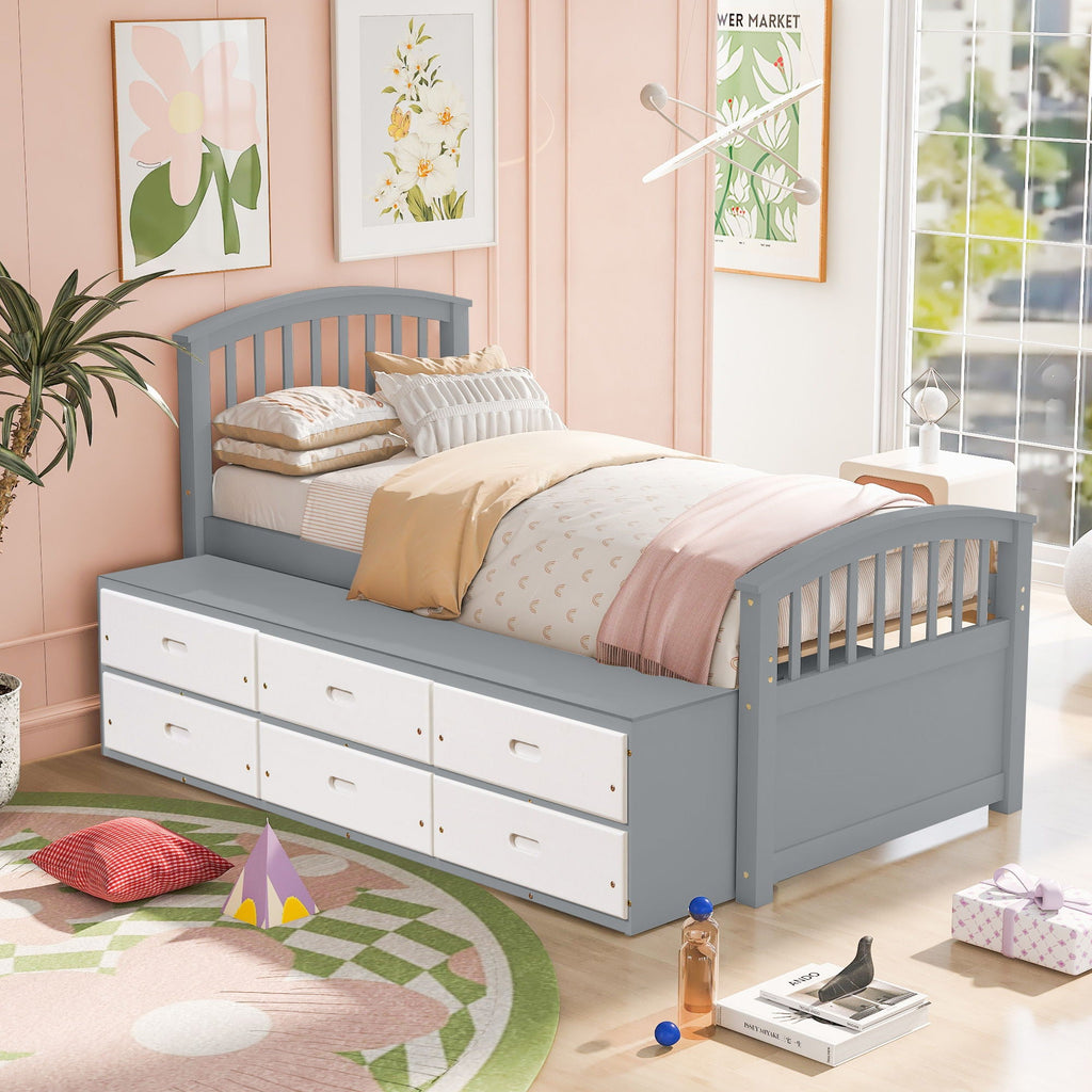 Solid Wood Twin Storage Bed with 6 Drawers - Multiple Colors