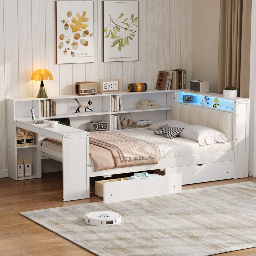Platform Storage Bed with Shelves, Desk, Charging Station & LED - Full Size