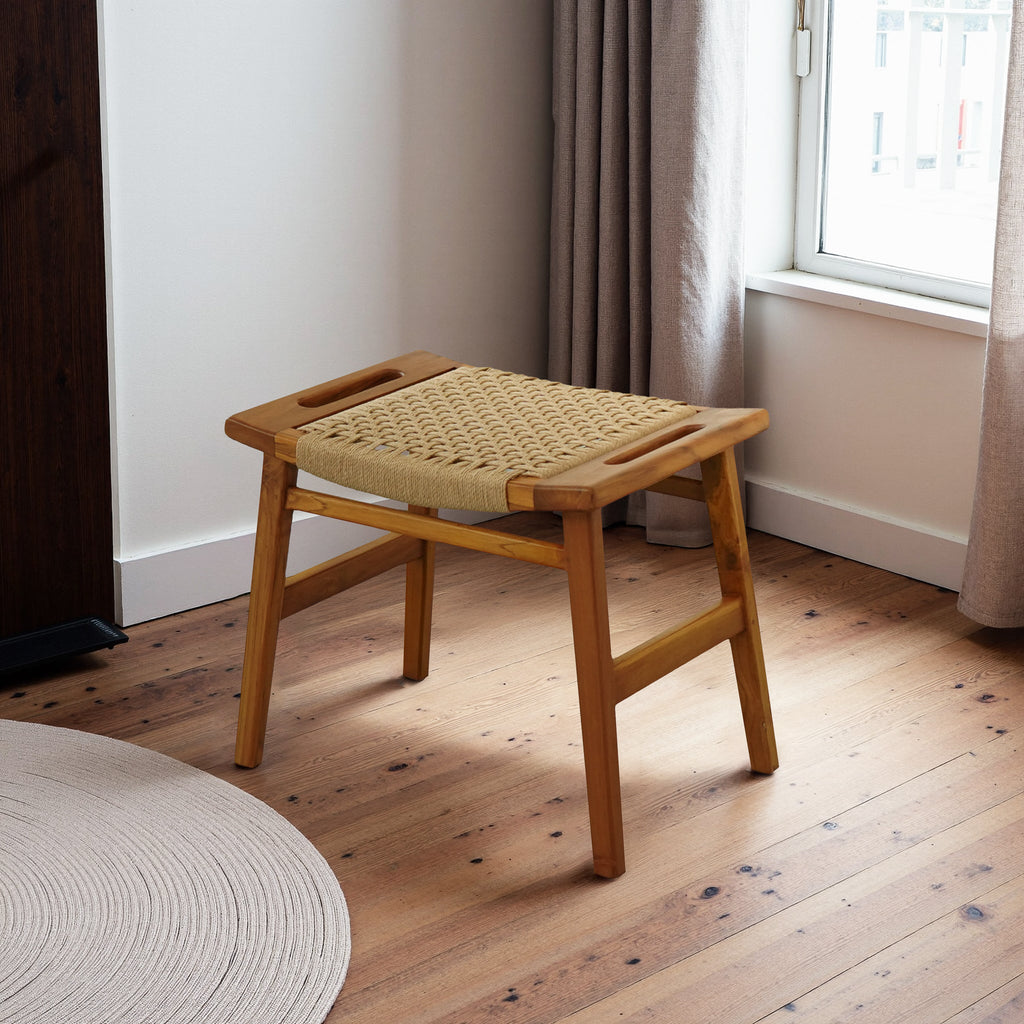 Rustic Solid Wood Loom Stool with Durable Paper Rope Seat - Natural