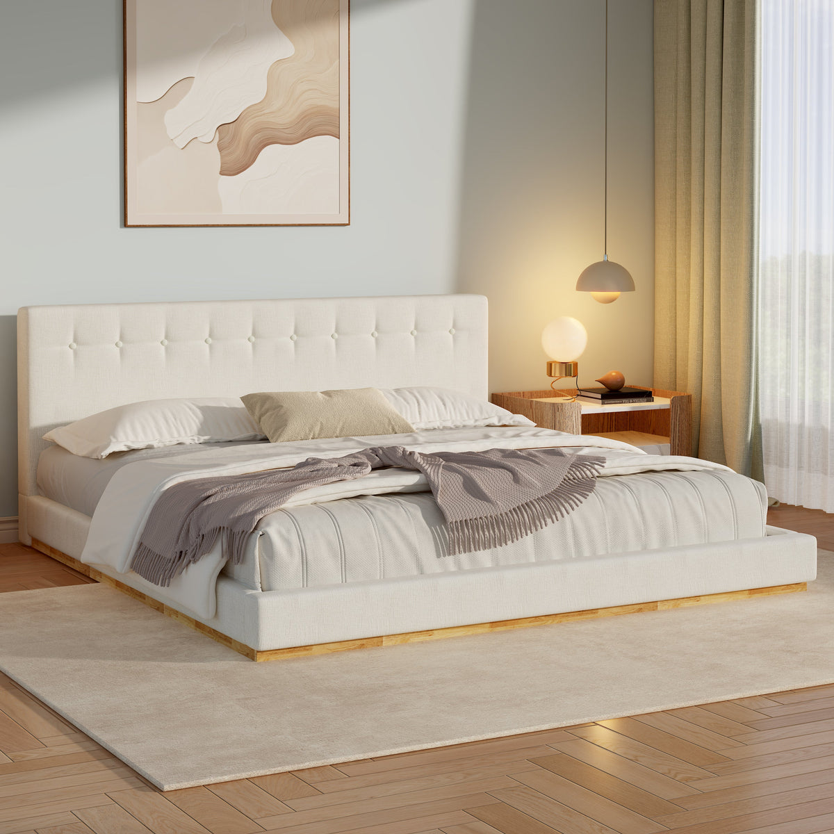Solid Rubber Wood Platform Bed with Upholstered Headboard - White