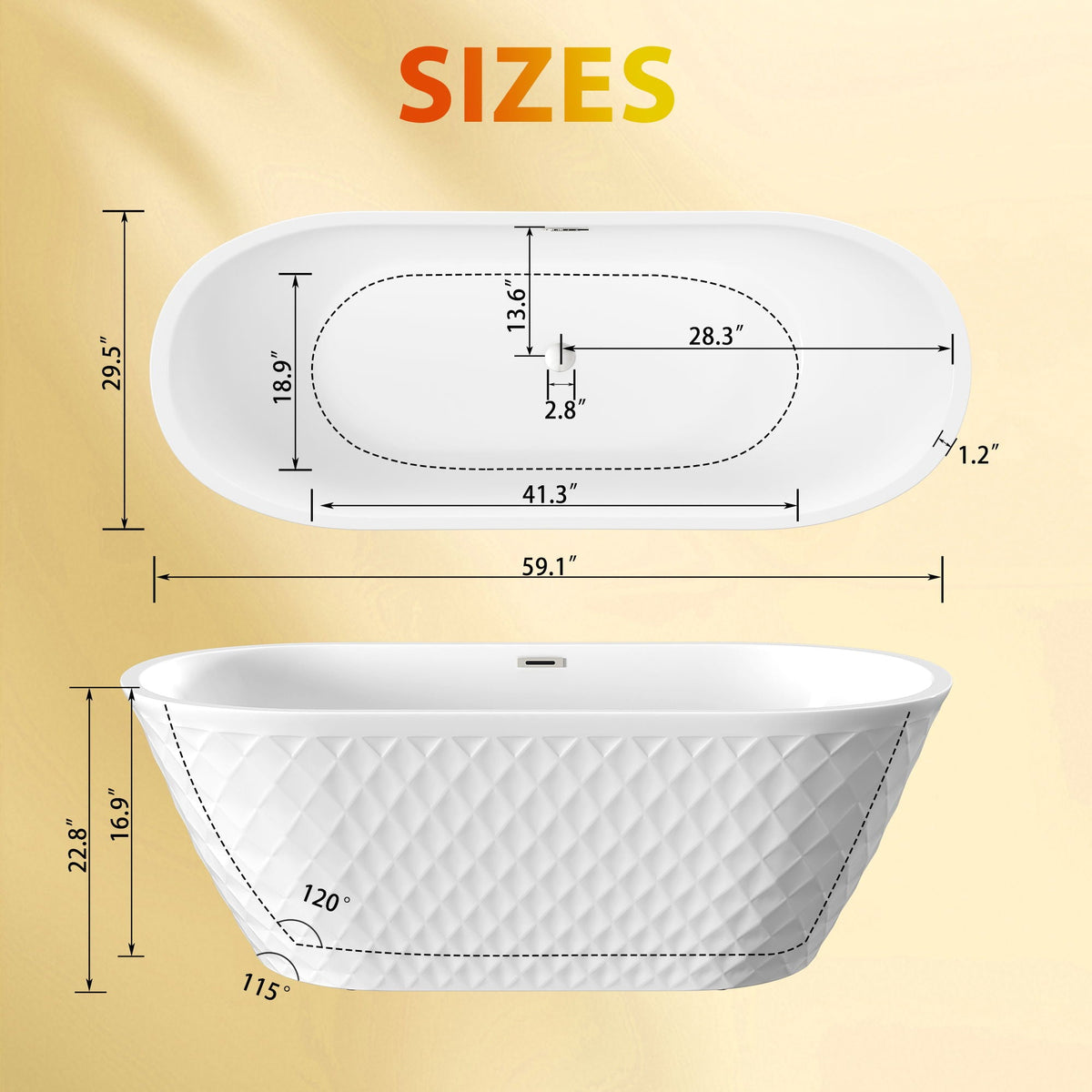 Freestanding Bathtub with Diamond Pattern Design - White or Black