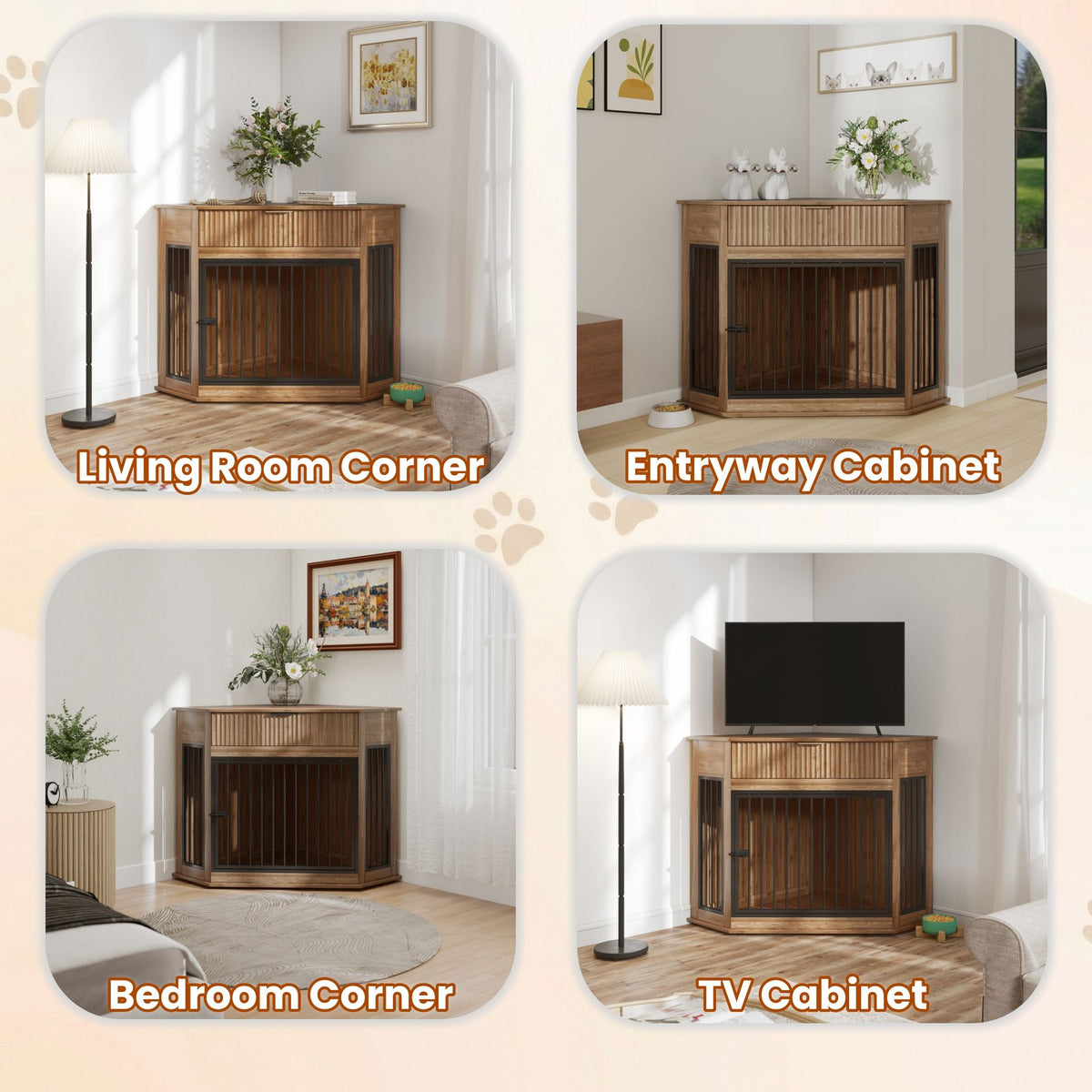 Corner Dog Crate with Fluted Drawer - White or Dark Brown