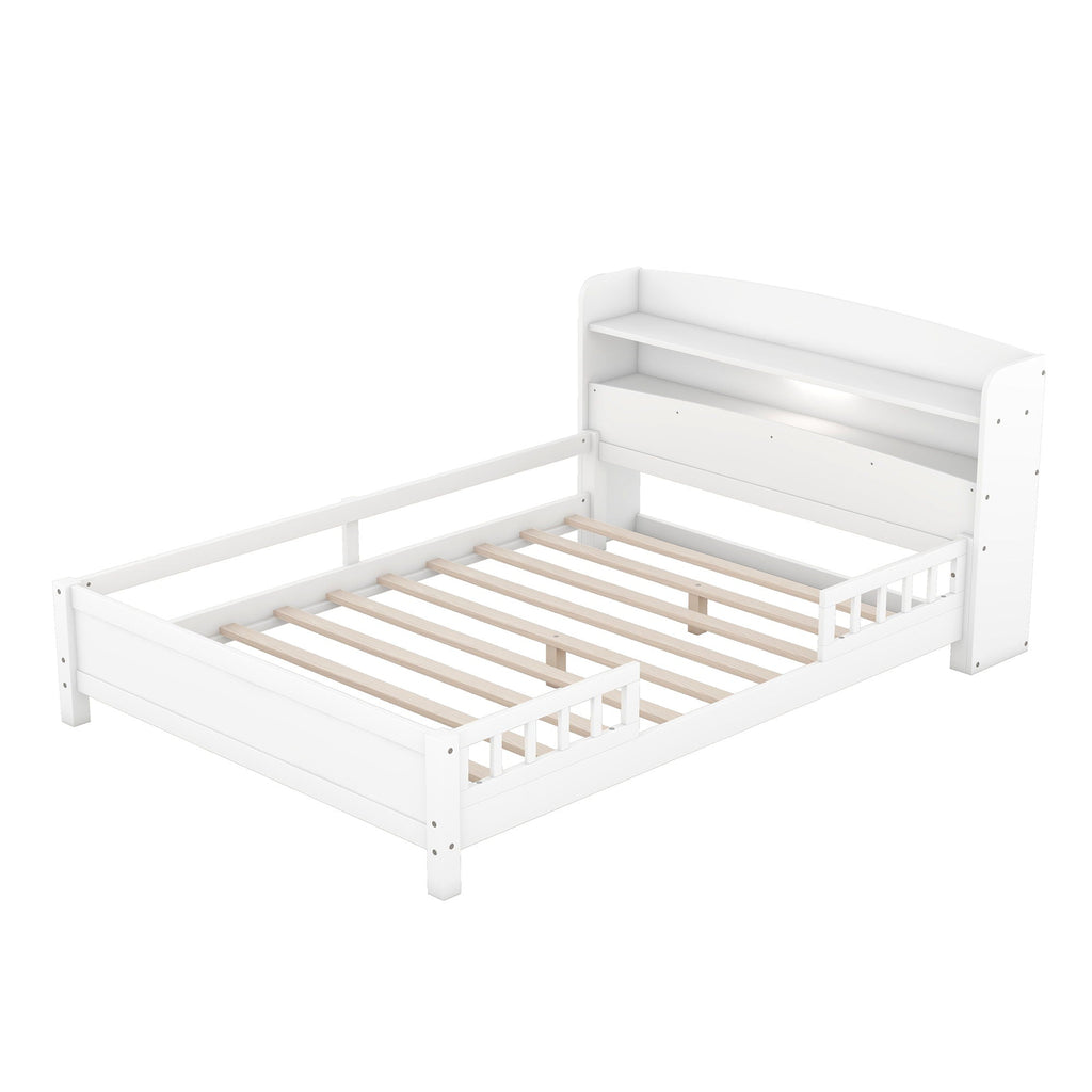 Wood Platform Storage Bed with LED Light & Storage Headboard - White or Dark Gray
